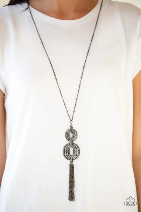 Timelessly Tasseled - Oversized Black Hammered Circular Stacked Pendant Tassel Necklace N#2486