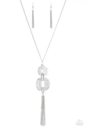 Timelessly Tasseled - Oversized Silver Hammered Circular Stacked Pendant Tassel Necklace N#770