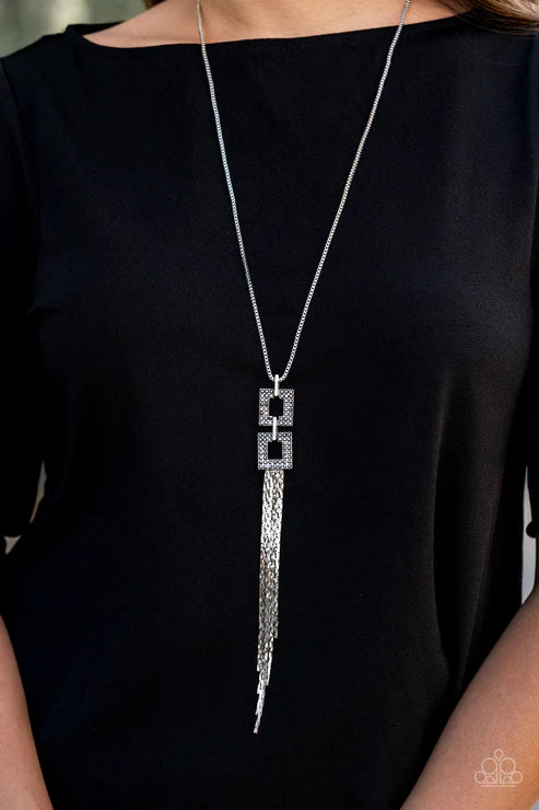 Times Square Stunner - Silver Smoky Duo Squared Hematite Encrusted Tassel Stream Necklace N#2589