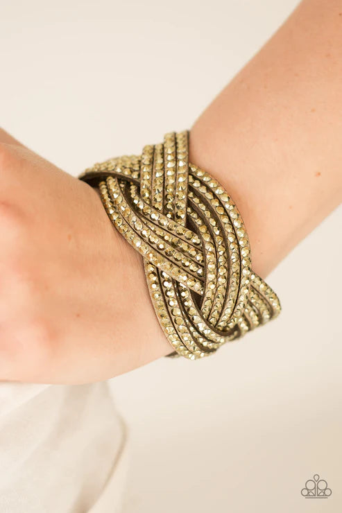 Top Class Chic - Brass Aurum Encrusted Crisscross Suede Wrap Adjustable Snap Closure Bracelet B#1644