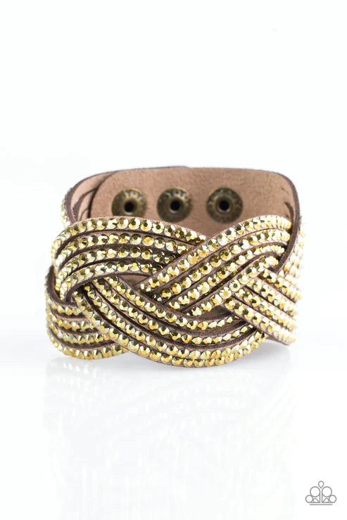 Top Class Chic - Brass Aurum Encrusted Crisscross Suede Wrap Adjustable Snap Closure Bracelet B#1644