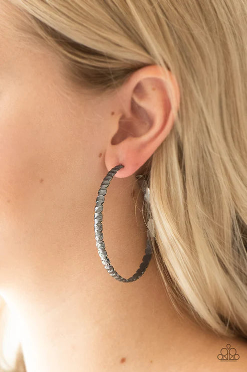 Totally Off The HOOP - Oversized Black High-Sheen Textured Hoop Curls Hoop Earrings E#2082