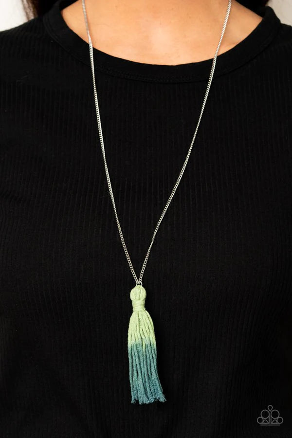Totally Tasseled - Oversized Green Ombre (Green/Blue) Knotted Tassel Necklace N#175