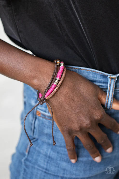 Totally Tiki - Pink Infused Mismatched Wood/Twine Accent Adjustable Sliding Knot Closure Urban Bracelet B#2055