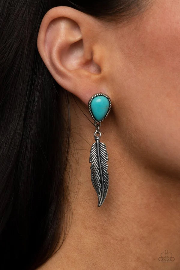 Totally Tran-QUILL - Blue 3D Feather Charm Stone Teardrop Earrings E#564