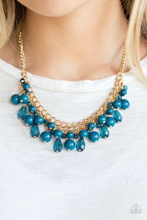 Tour de Trendsetter - Blue/Gold Glassy/Polished Crystal Teardrop Fringe Interlocking Chain Necklace N#2073