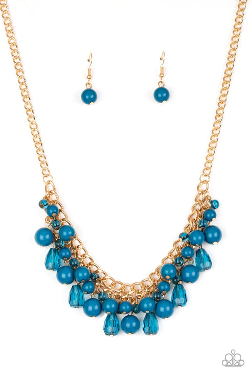 Tour de Trendsetter - Blue/Gold Glassy/Polished Crystal Teardrop Fringe Interlocking Chain Necklace N#2073