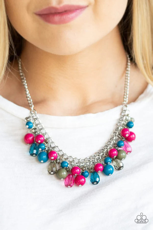 Tour de Trendsetter - Multi (Blue/Grren/Pink) Glassy/Polished Crystal Teardrop Fringe Interlocking Chain Necklace N#303