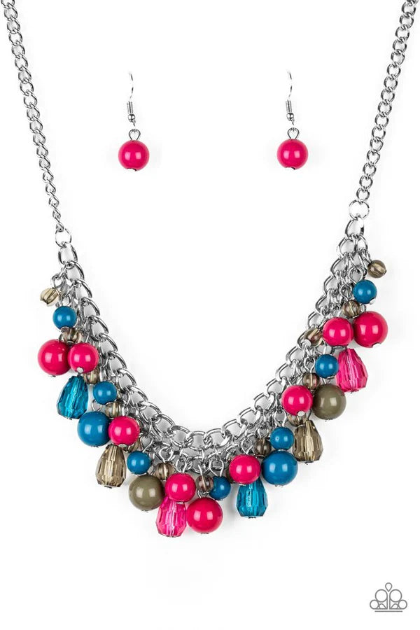 Tour de Trendsetter - Multi (Blue/Grren/Pink) Glassy/Polished Crystal Teardrop Fringe Interlocking Chain Necklace N#303