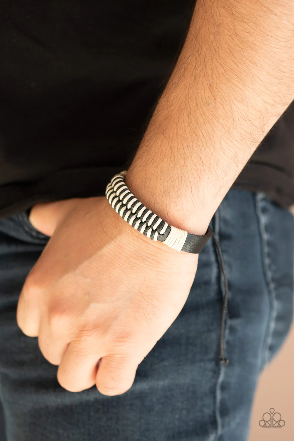 Trail Time - Black/White Knotted Twine Leather Adjustable Sliding Knot Closure Urban Bracelet B#1113