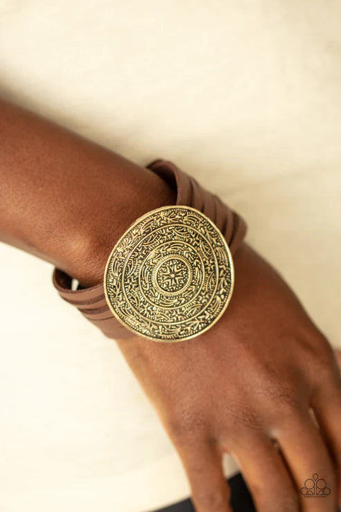 Treasure Quest - Oversized Brass Antiqued Embossed Flower Filigree Western Suede Adjustable Snap Closure Bracelet B#1705