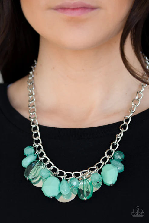 Treasure Shore - Green Dramatic Glassy/Cloudy Opaque Fringe Disc Necklace N#2577