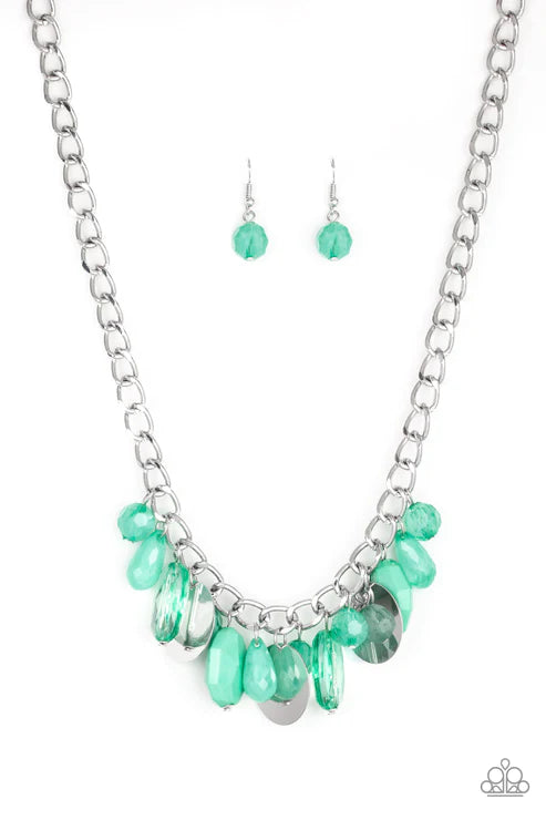 Treasure Shore - Green Dramatic Glassy/Cloudy Opaque Fringe Disc Necklace N#2577