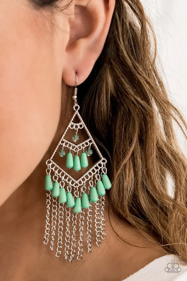 Trending Transcendence - Biscay Green Trio Crystal Kite Teardrop Fringe Earrings E#1052