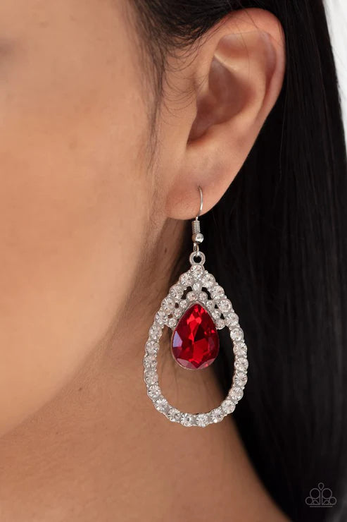 Trendsetting Twinkle - Oversized Red Teardrop Encrusted Drip Dramatic Effect Earrings E#2398