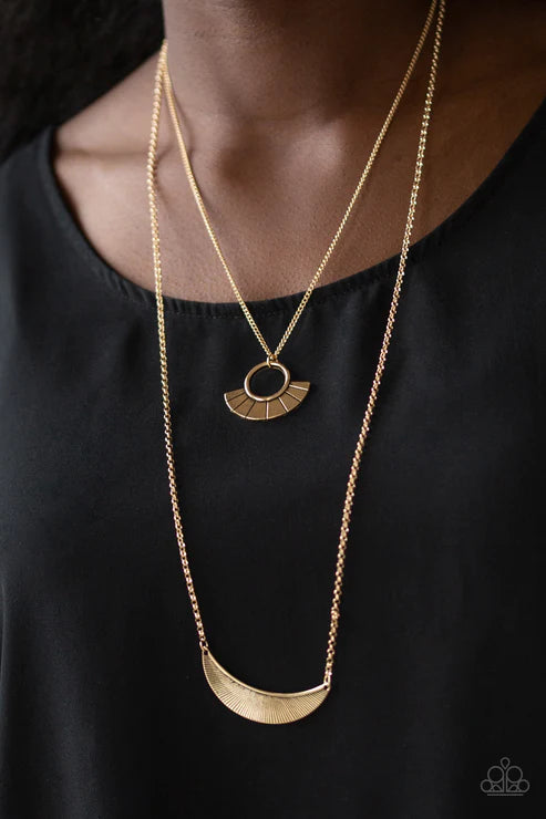 Tribal Trek - Oversized Gold Flared Linear Half-Moon Tribal Necklace N#2095