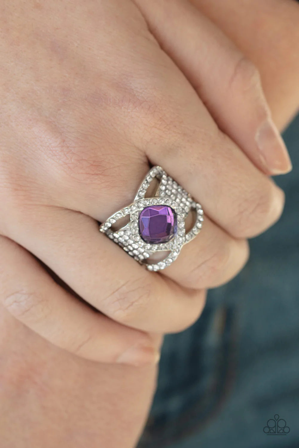 Triple Crown Twinkle - Oversized Purple Interweaved Nestled Regal Cut Encrusted Stacked Ring R#1218