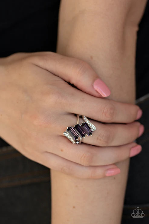 Triple Razzle - Purple Nestled Trio Encrusted Emerald Cut Ring R#1830