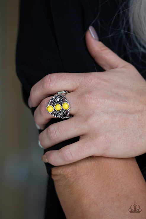 Triple Whammy - Yellow Studded Trio Heart Filigree Stacked Ring R#544