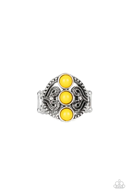 Triple Whammy - Yellow Studded Trio Heart Filigree Stacked Ring R#544