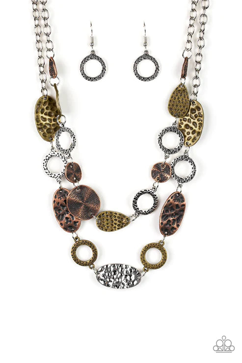 Trippin On Texture - Multi (Brass/Copper/Silver) Mismatched Hammered Textured Necklace  N#1552