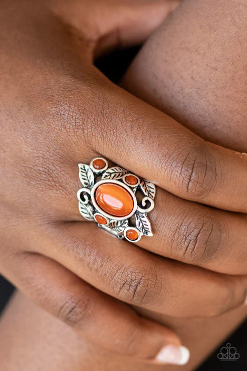 Tropical Dream - Oversized Orange Dotted Oval Leafy Bloom Cat's Eye Moonstone Ring R#2543