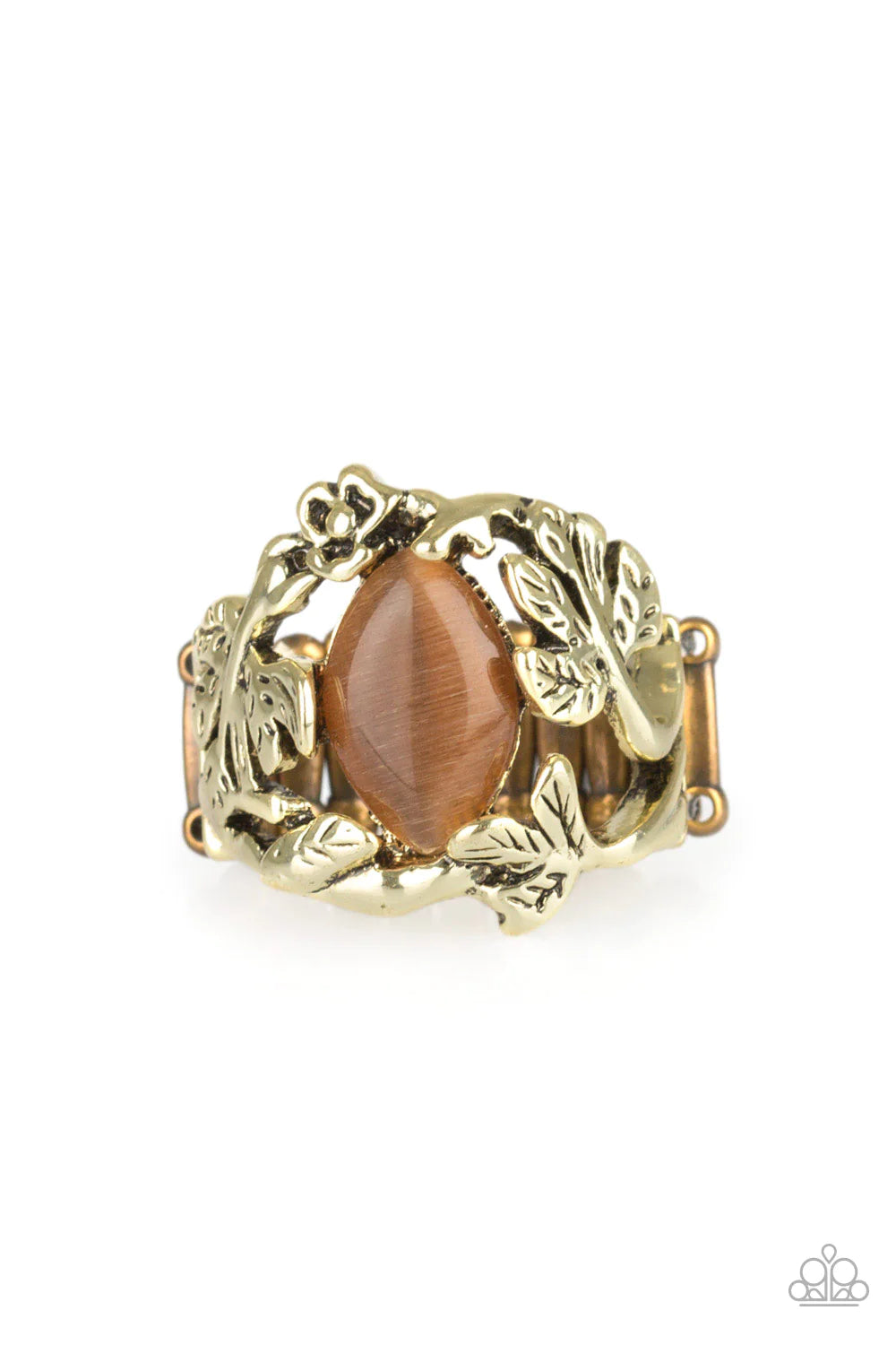 Tropical Flora - Brass Curled Leafy Cat's Eye Moonstone Ring R#1220