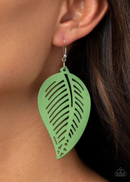 Tropical Foliage - Oversized Green Airy 3D Tropical Leaf Wood Cut Earrings E#2583