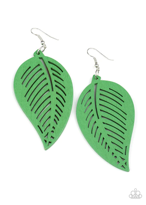 Tropical Foliage - Oversized Green Airy 3D Tropical Leaf Wood Cut Earrings E#2583