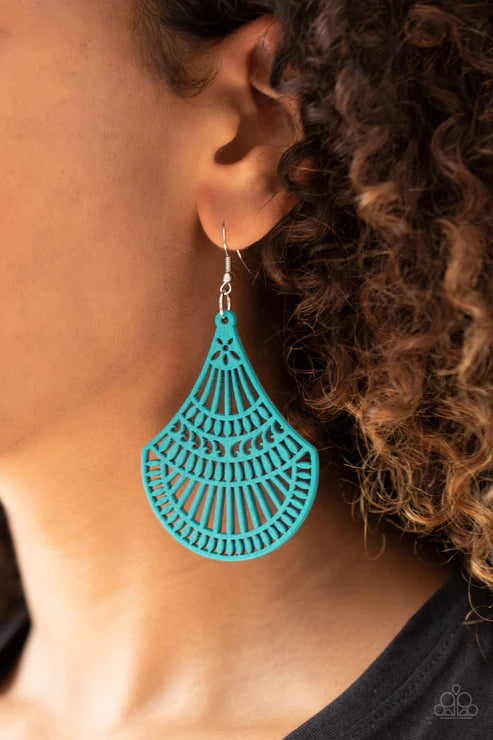 Tropical Tempest - Oversized Blue Tropical Airy Stenciled Cut Wooden Earrings E#2263
