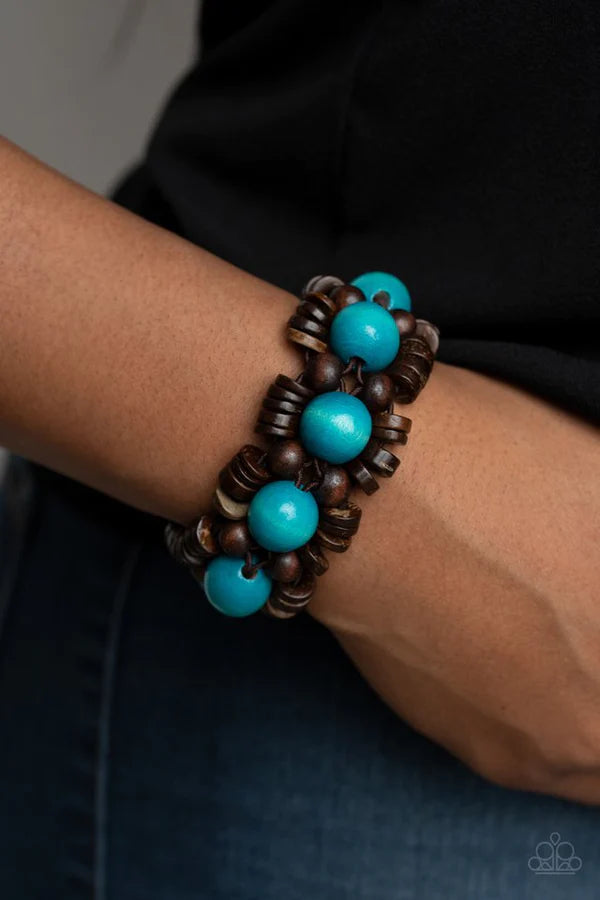 Tropical Temptations - Blue/Brown Rustic Wooden Beads/Discs Ornately Braided Summery Bracelet B#845