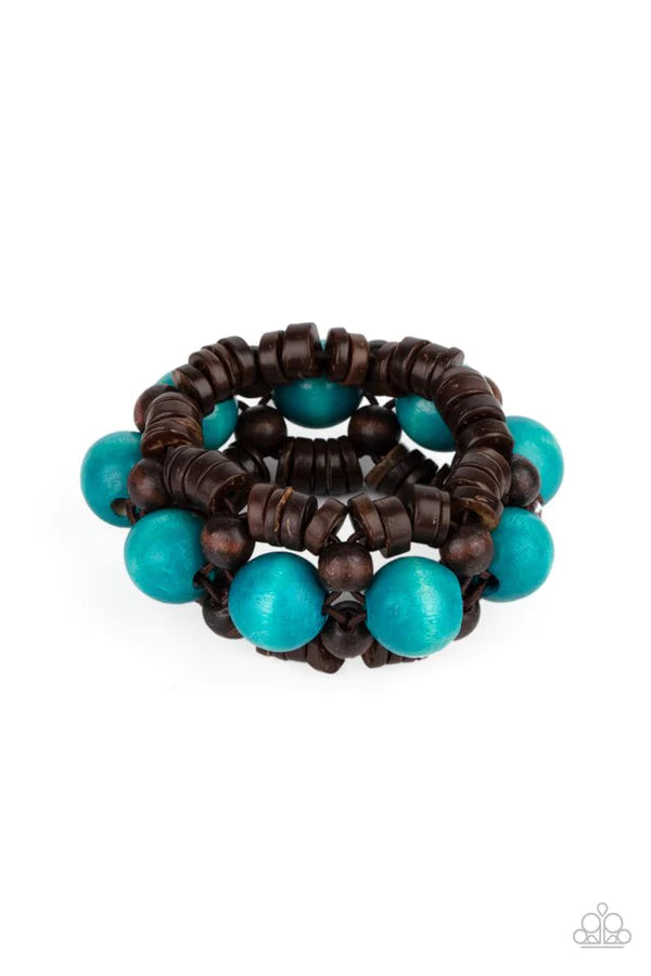 Tropical Temptations - Blue/Brown Rustic Wooden Beads/Discs Ornately Braided Summery Bracelet B#845