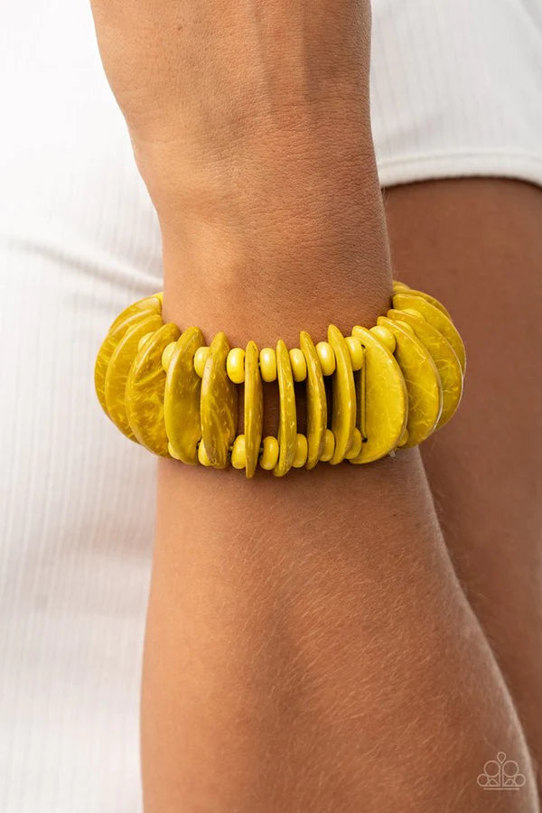 Tropical Tiki Bar - Oversized Yellow Infused Distressed Wooden Crescent Disc Bracelet B#116