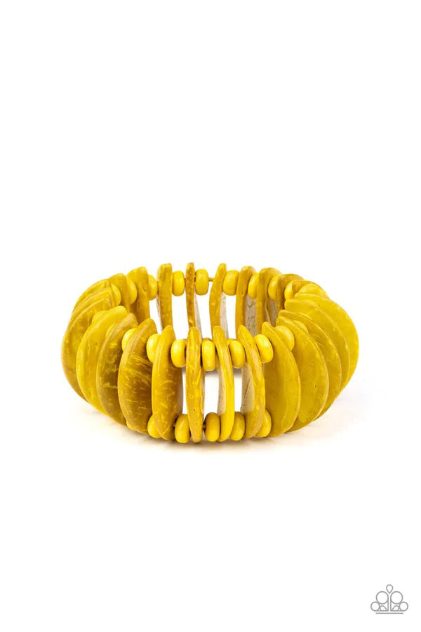 Tropical Tiki Bar - Oversized Yellow Infused Distressed Wooden Crescent Disc Bracelet B#116