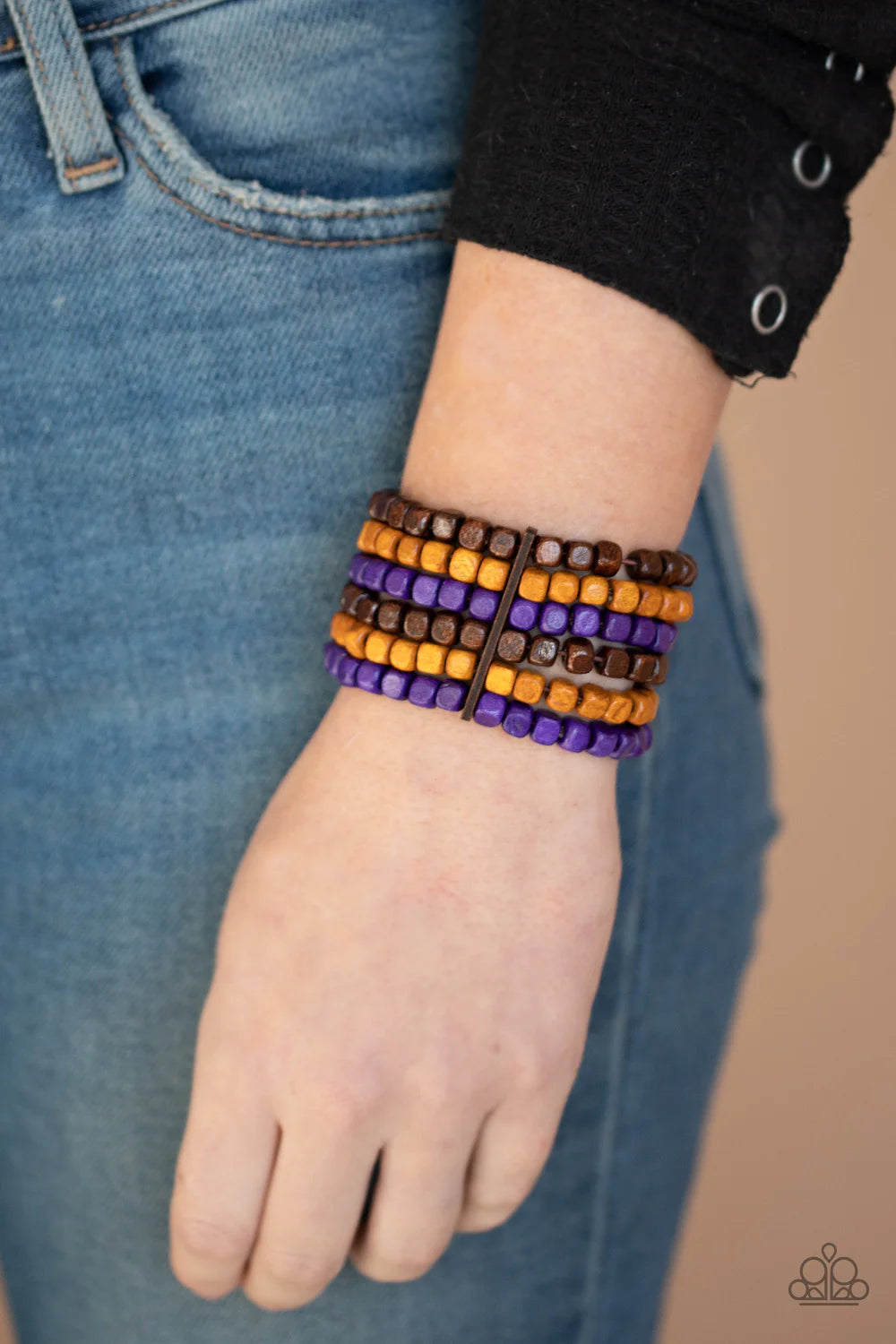 Tropical Tundra - Oversized Purple (Brown/Purple/Orange) Rectangular Wooden Cube Bracelet B#1010