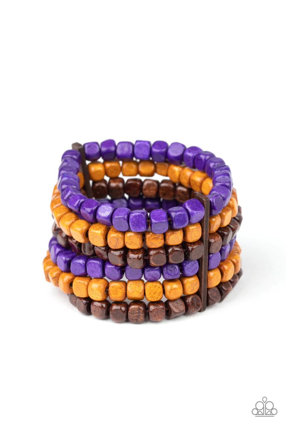 Tropical Tundra - Oversized Purple (Brown/Purple/Orange) Rectangular Wooden Cube Bracelet B#1010