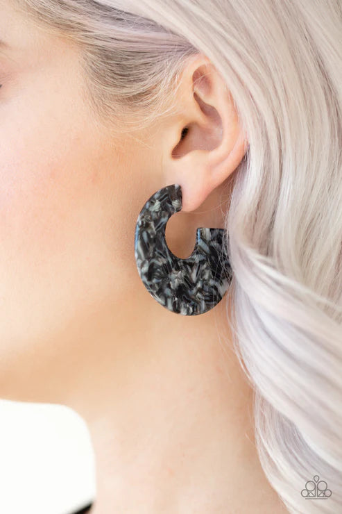 Tropically Torrid - Black Brushed Colorful Faux Marble Flat Curled Retro Hoop Earrings E#1810