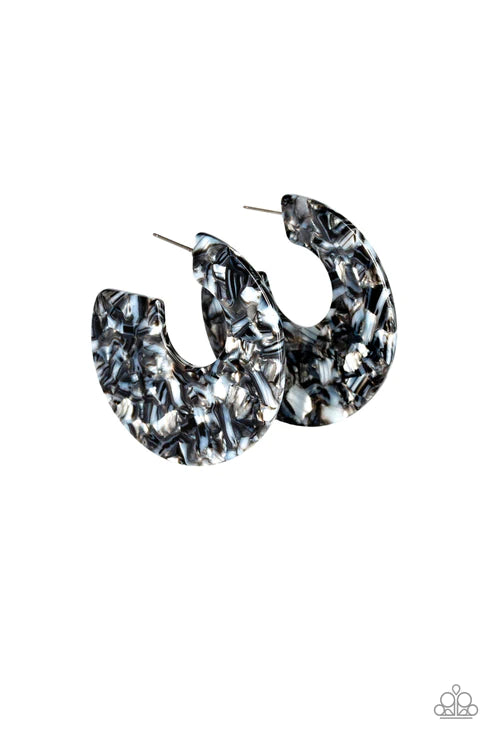 Tropically Torrid - Black Brushed Colorful Faux Marble Flat Curled Retro Hoop Earrings E#1810