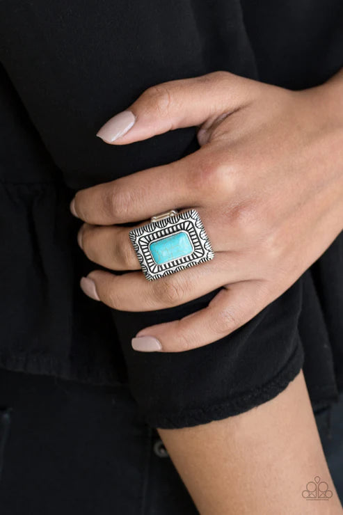 Tumbleweed Deserts - Blue Rectangular Textured Stone Tribal Ring R#1951