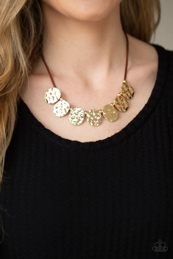 Turn Me Loose - Brown/Gold Oval Asymmetrical Hammered Suede Fringe Necklace N#965