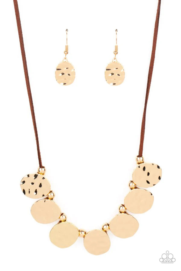 Turn Me Loose - Brown/Gold Oval Asymmetrical Hammered Suede Fringe Necklace N#965