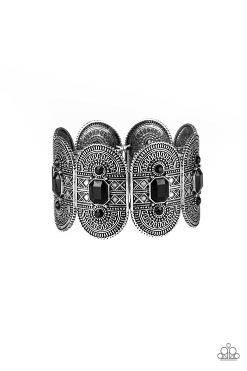 Turn Up The TROPICAL Heat - Oversized Black Ornate Faceted Rounded Textured Tribal Bracelet B#2132