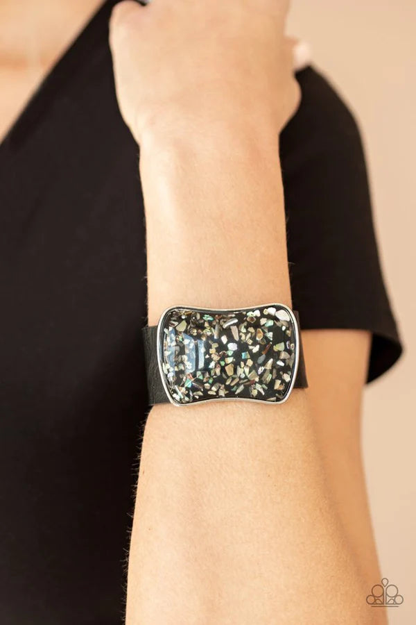 Twinkle Twinkle Little ROCK STAR - Oversized Black Fleck Iridescent Rocks Glass Slide Along Leather Bracelet B#1269