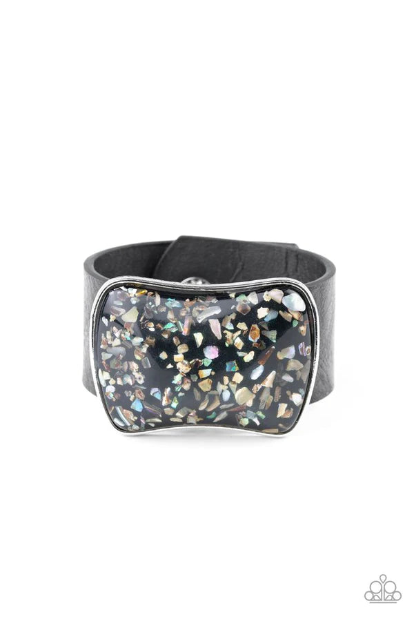 Twinkle Twinkle Little ROCK STAR - Oversized Black Fleck Iridescent Rocks Glass Slide Along Leather Bracelet B#1269