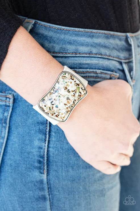 Twinkle Twinkle Little ROCK STAR - Oversized White Fleck Iridescent Rocks Glass Slide Along Leather Bracelet B#1676