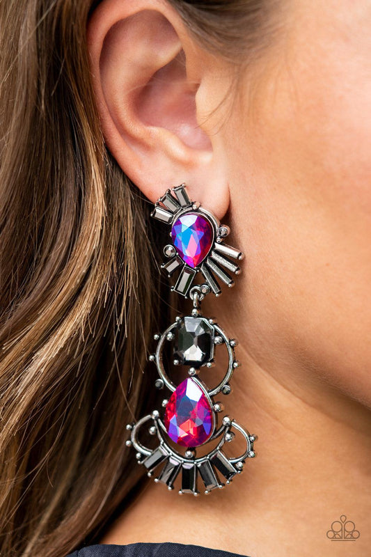 Ultra Universal - Oversized Pink Iridescent Abstract Smoky Hematite Cosmic Emerald Cut Teardrop Earrings E#986