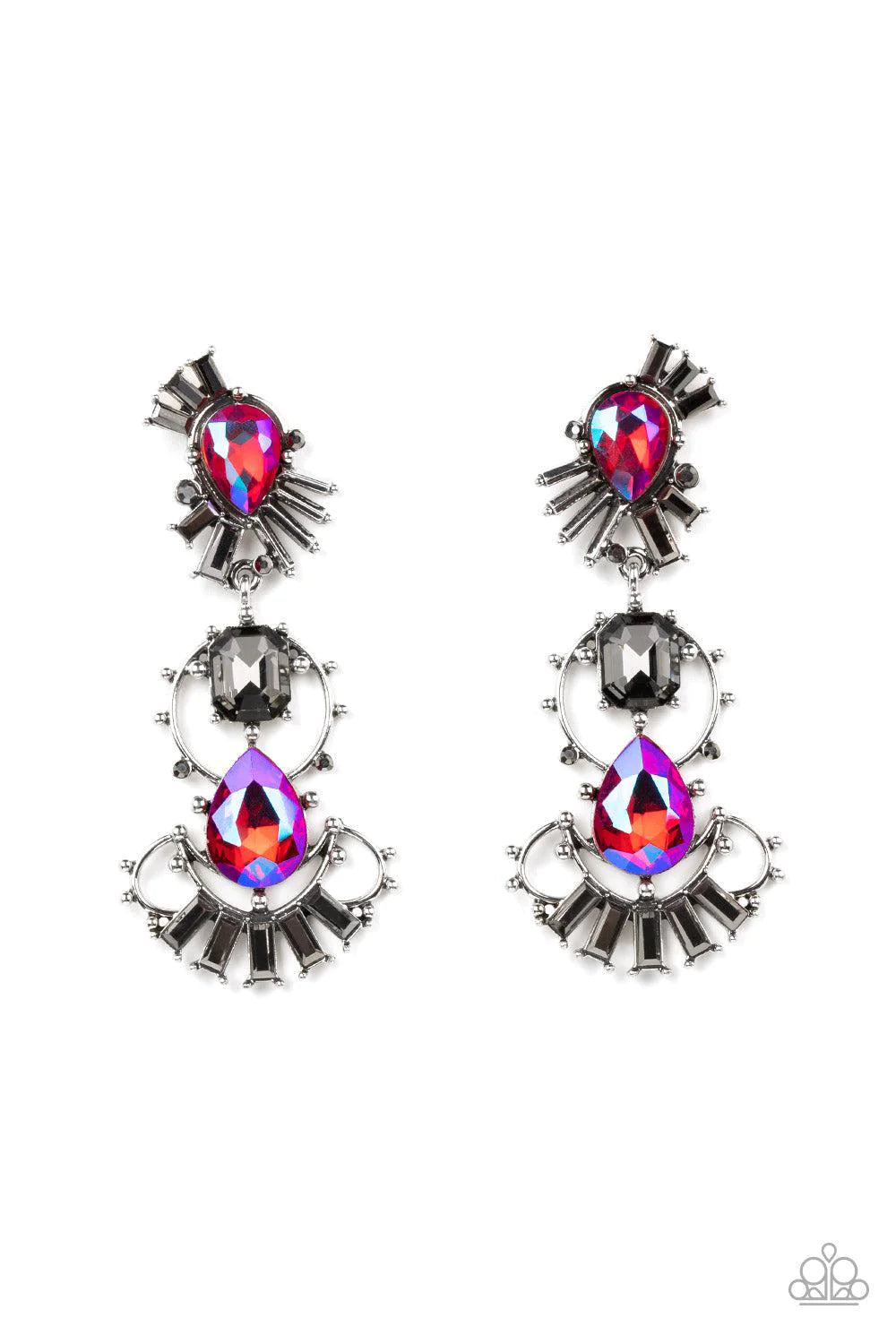 Ultra Universal - Oversized Pink Iridescent Abstract Smoky Hematite Cosmic Emerald Cut Teardrop Earrings E#986