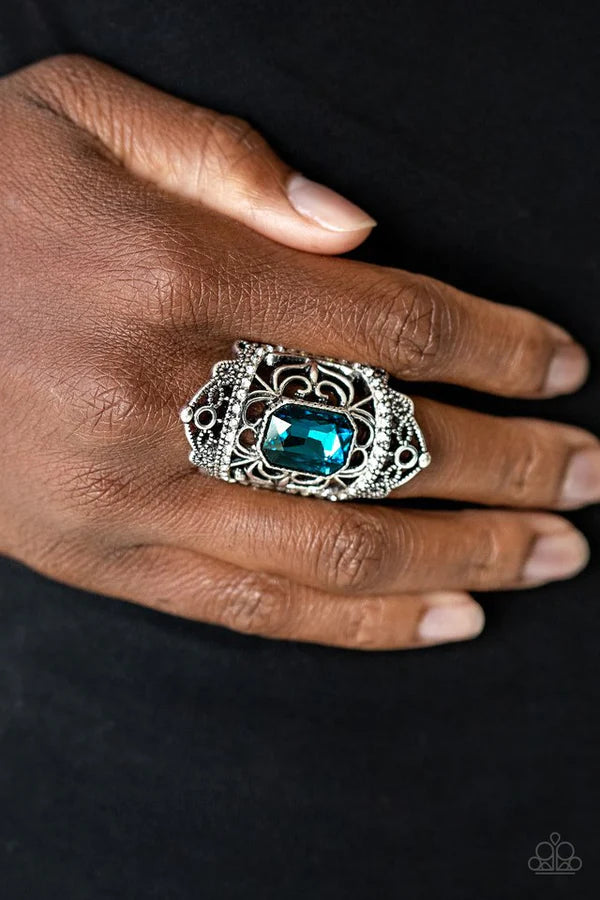 Undefinable Dazzle - Oversized Blue Royal Studded Emerald Cut Filigree Ring R#1505