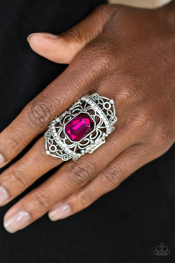 Undefinable Dazzle - Oversized Pink Royal Studded Emerald Cut Filigree Ring R#470