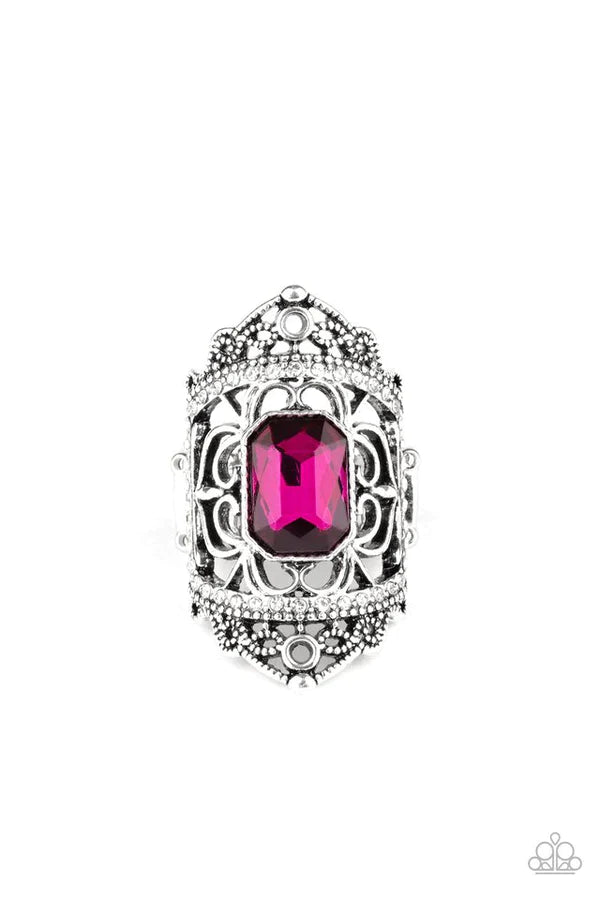 Undefinable Dazzle - Oversized Pink Royal Studded Emerald Cut Filigree Ring R#470